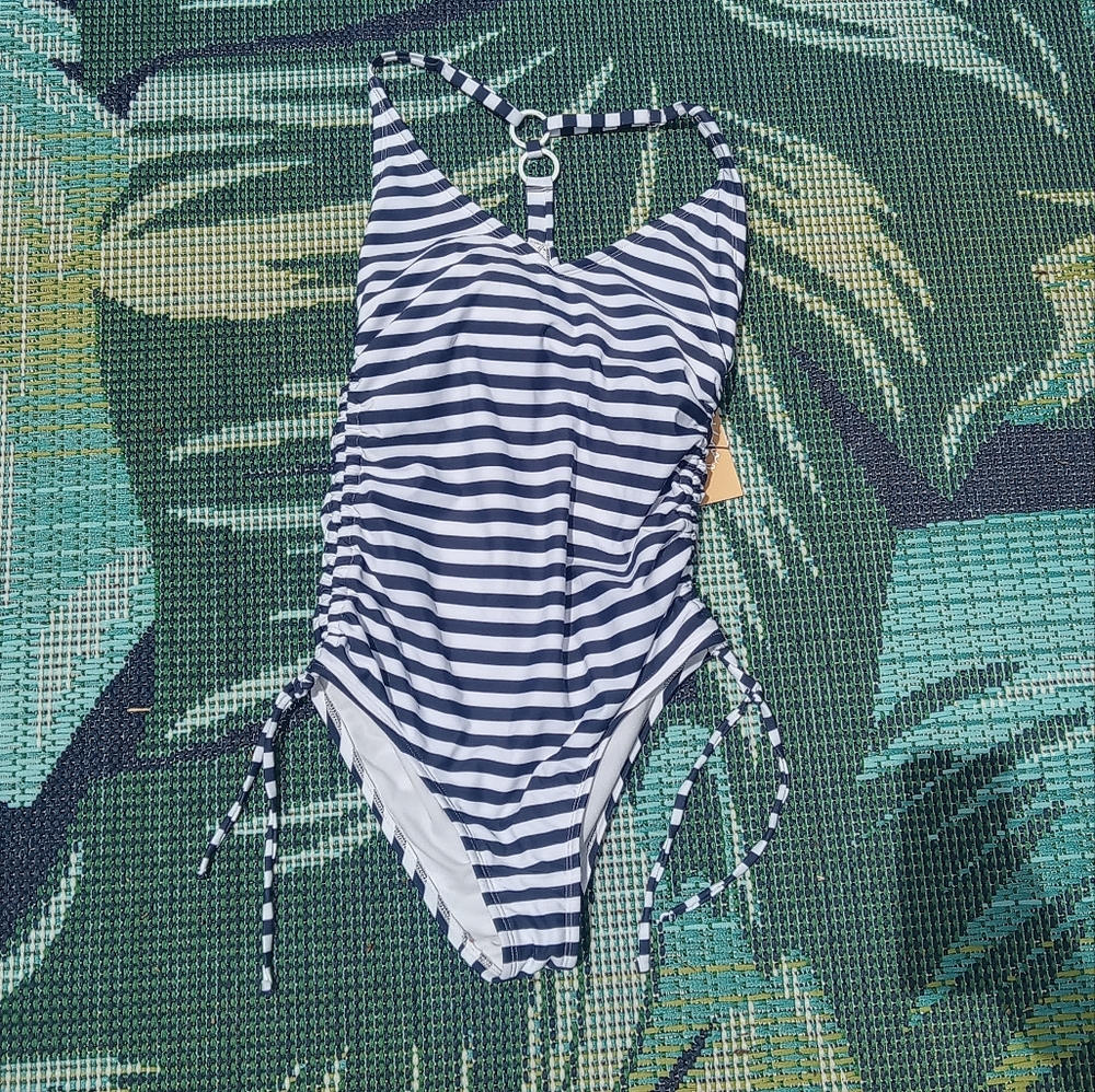 White and blue striped swimsuit cinched sides